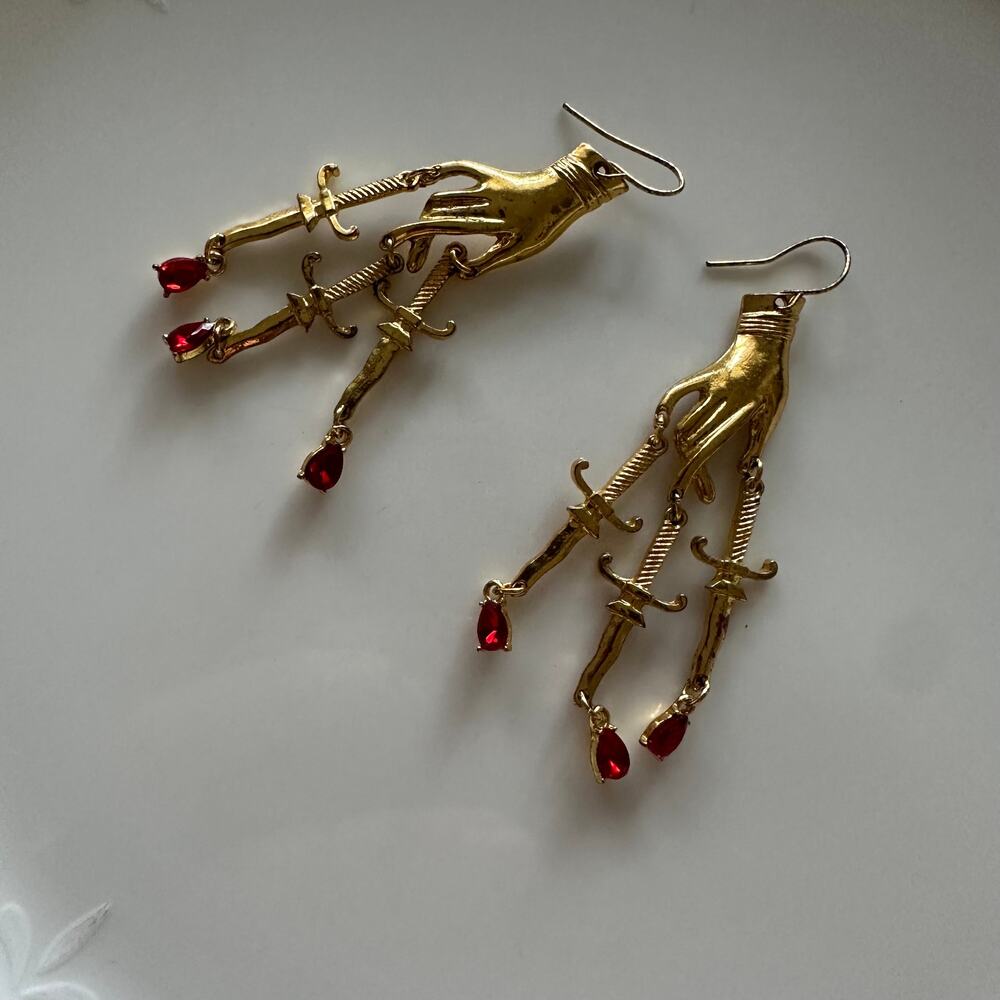 Goth Gold Hand Dagger Drop Earrings Red Crystal Blood Drops Three of Swords